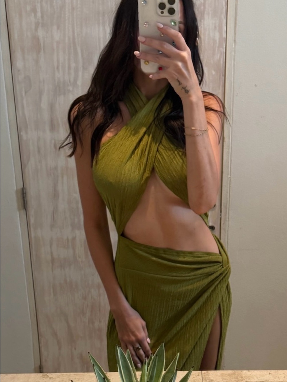 Cutout Halter Midi Dress in Olive Green